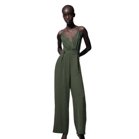 ZARA FULL LENGTH GOLD BUTTON JUMPSUIT KHAKI SIZE M | 4387/222 - Picture 2 of 4